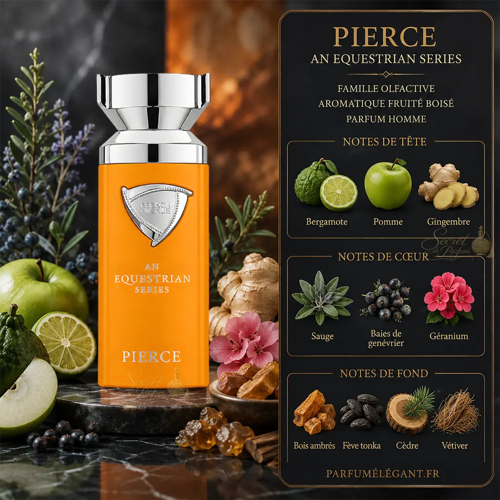 Pierce French Avenue – Eau de Parfum Homme 100 ml 2 Notes olfactives Pierce French Avenue bergamote pomme gingembre genévrier et vétiver
