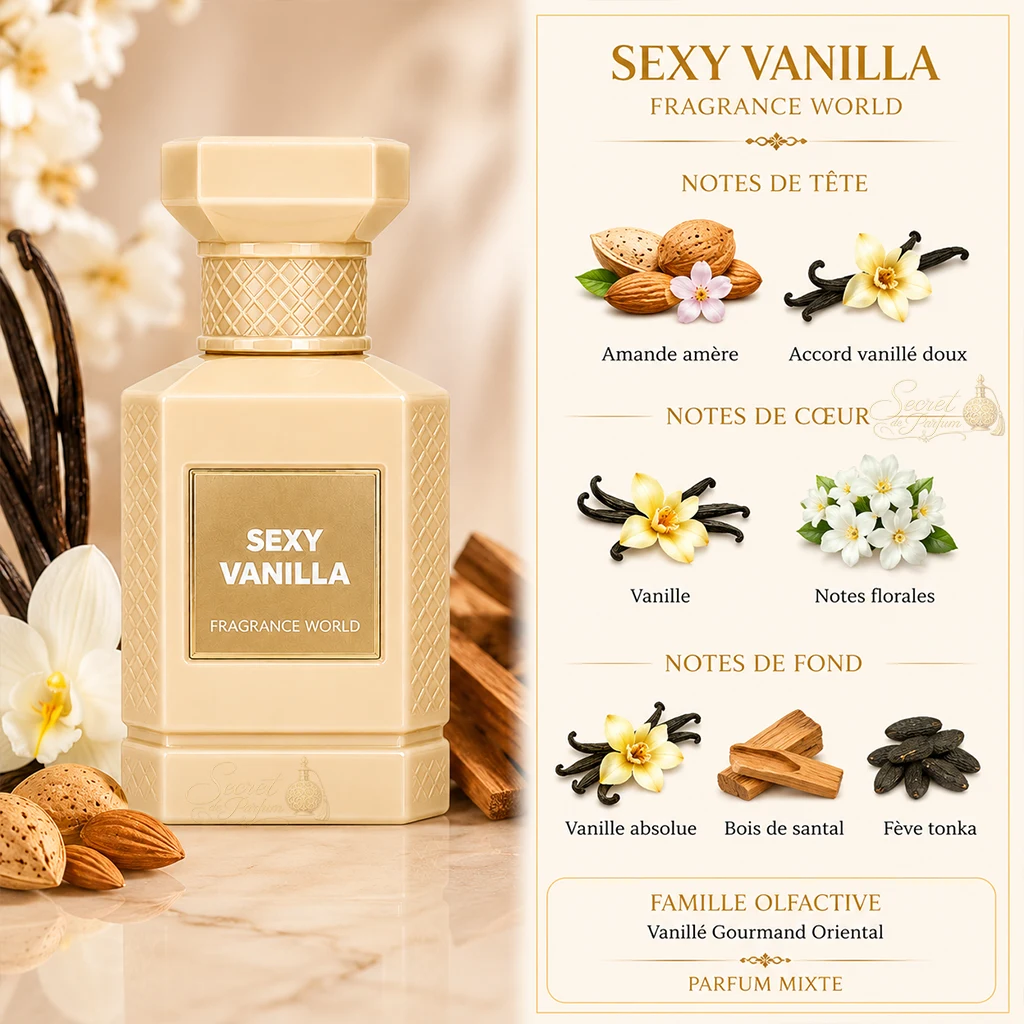 Sexy Vanilla Fragrance World – Eau de Parfum Mixte Vanillée 80 ml 2 Notes Sexy Vanilla : amande amère, vanille, santal et fève tonka