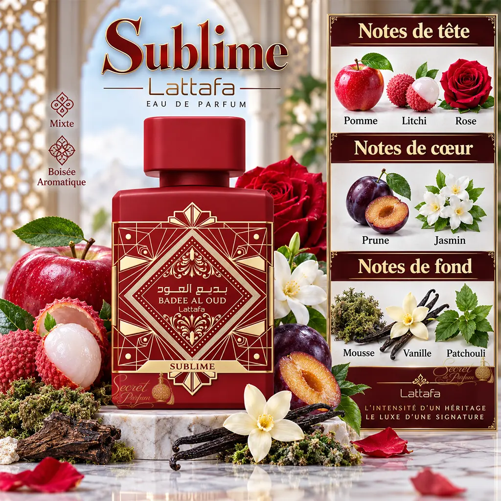 Badee Al Oud Rouge Sublime – Parfum Dubaï Intense & Élégant | Lattafa 2 Notes Sublime Lattafa pomme litchi rose prune vanille et patchouli