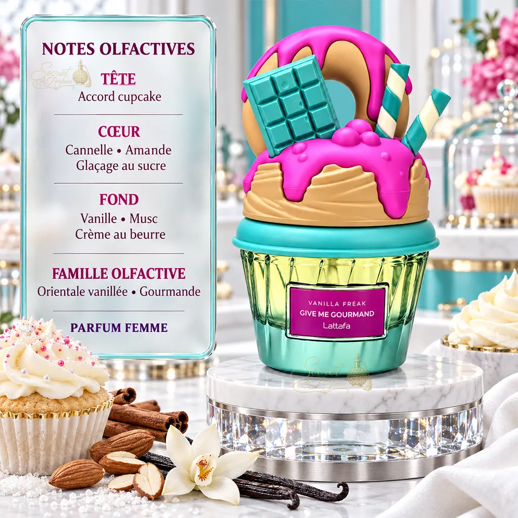 Vanilla Freak Lattafa Give Me Gourmand – Eau de Parfum Femme 75 ml 2 Notes Vanilla Freak cupcake cannelle amande vanille musc et crème au beurre