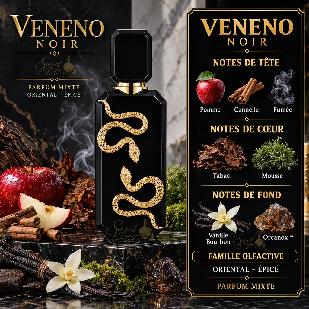 Veneno Noir French Avenue – Parfum Oriental Épicé Mixte 2 Notes Veneno Noir pomme cannelle tabac mousse vanille Bourbon et Orcanox