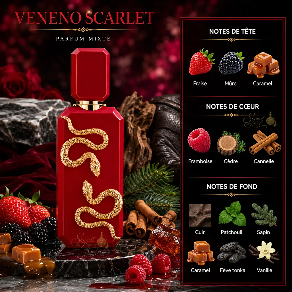 Veneno Scarlet French Avenue – Parfum Fruité Gourmand Mixte 2 Notes Veneno Scarlet fraise mûre caramel framboise cannelle et vanille