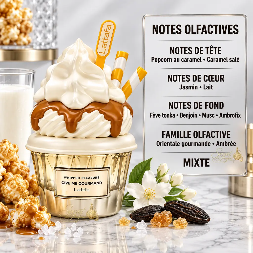 Whipped Pleasure Lattafa Give Me Gourmand – Eau de Parfum Mixte 75 ml 2 Notes Whipped Pleasure popcorn caramel salé lait fève tonka et benjoin