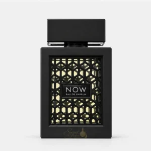 Flacon officiel Now Rave Lattafa 100 ml sur fond clair, parfum homme aux accords boisés, fruités et musqués avec ananas, cassis, bergamote, pomme, vanille et ambre gris.