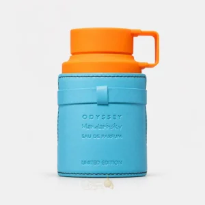 Flacon officiel Odyssey Mandarin Sky Armaf Limited Edition sur fond clair, parfum mixte hespéridé gourmand aux notes de mandarine, orange, caramel, fève tonka, ambroxan, cèdre et vétiver.