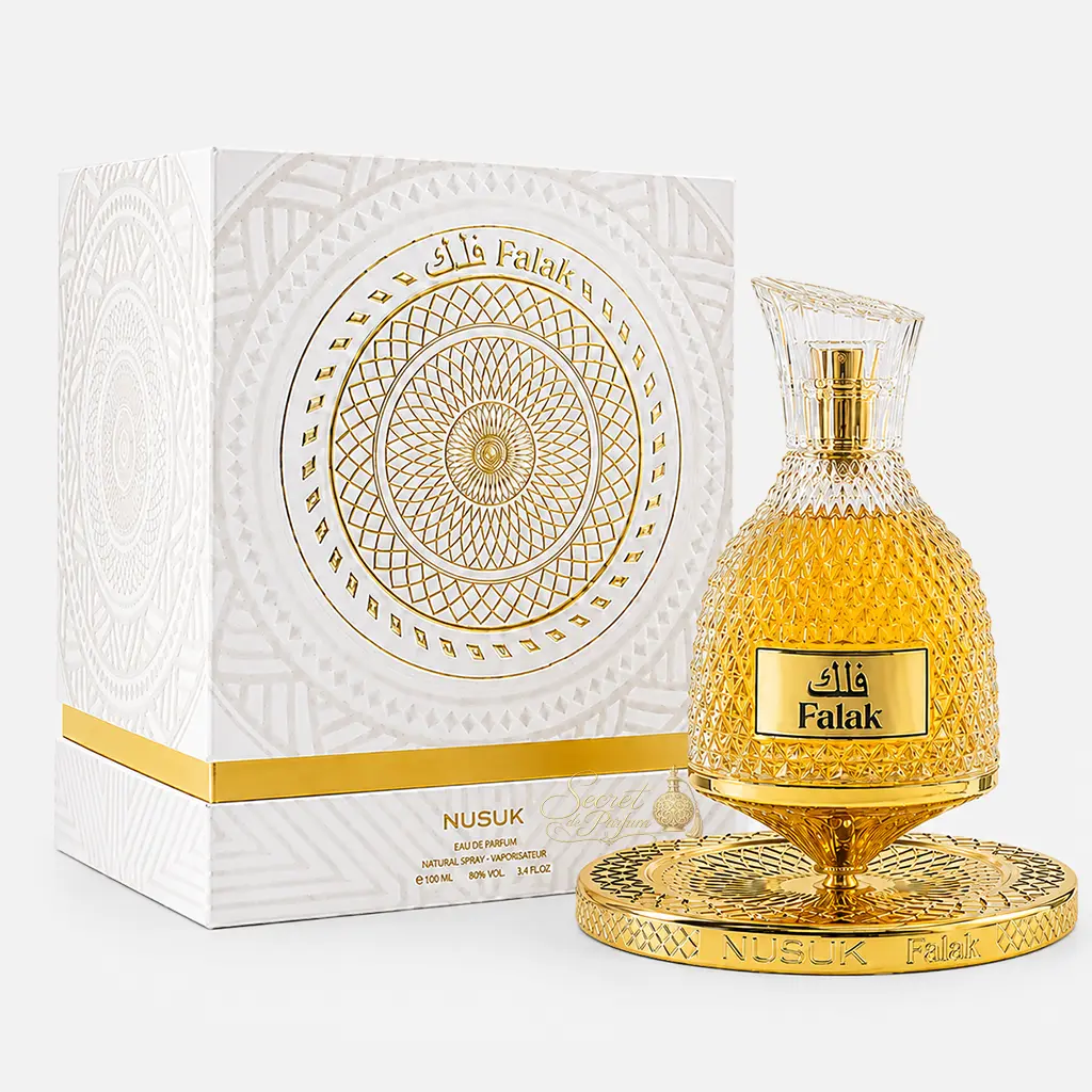 Falak Nusuk – Eau de Parfum Mixte Gourmande 100 ml 4 Parfum Falak Nusuk 100 ml avec flacon doré et boîte blanche
