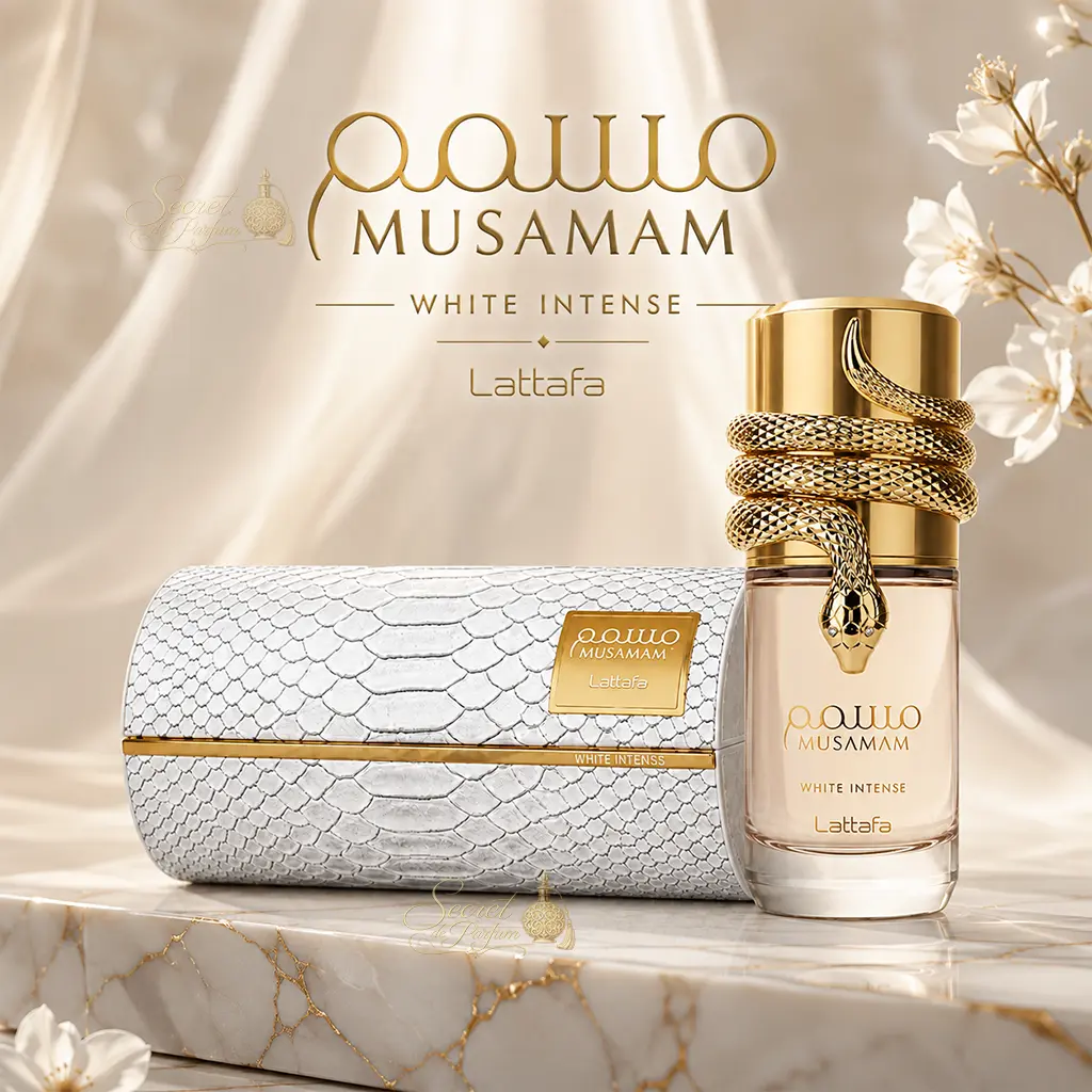 Musamam White Intense Lattafa – Parfum Mixte Ambré Floral 3 Parfum Musamam White Intense Lattafa avec flacon et coffret