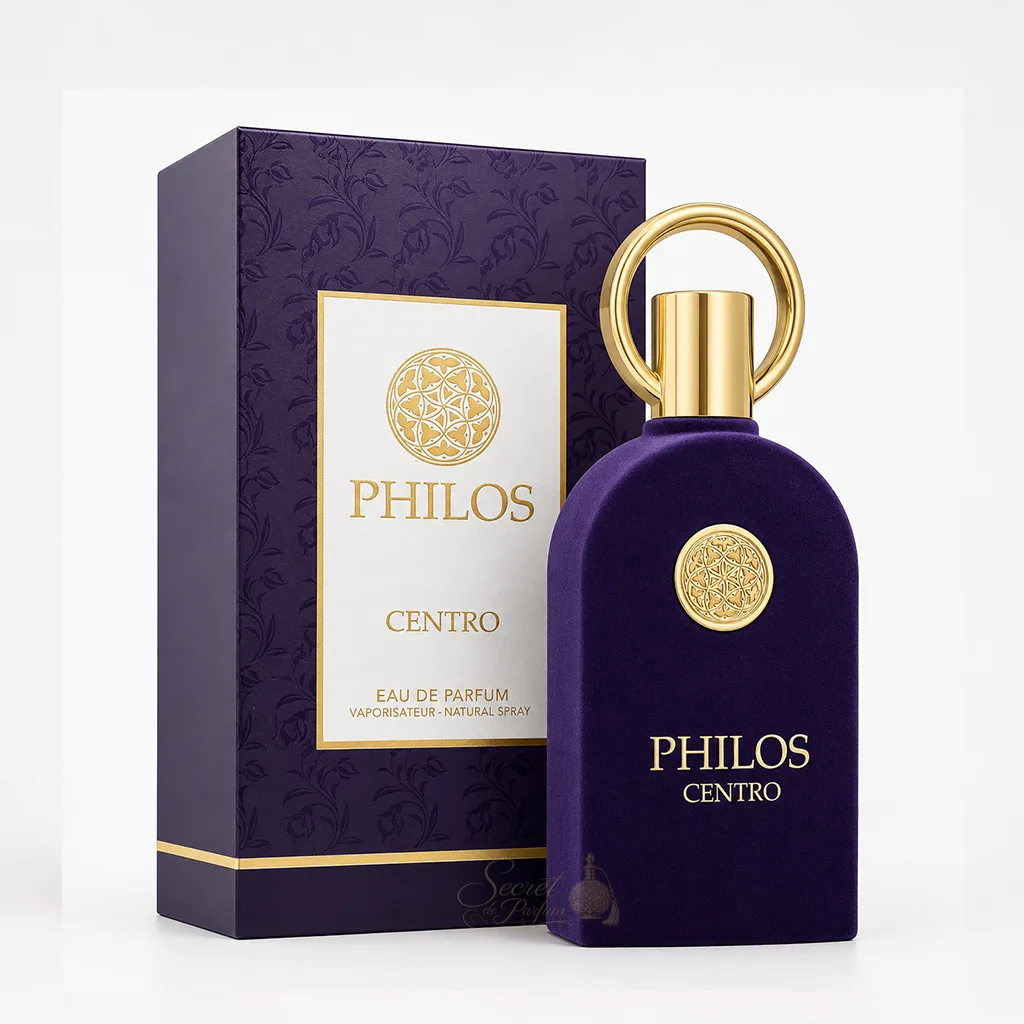 PHILOS CENTRO – Eau de parfum mixte fruitée orientale inspirée des parfums de niche 5 Boîte officielle et flacon Philos Centro Maison Alhambra Eau de Parfum, présentation premium sur fond élégant avec marbre et décoration raffinée.