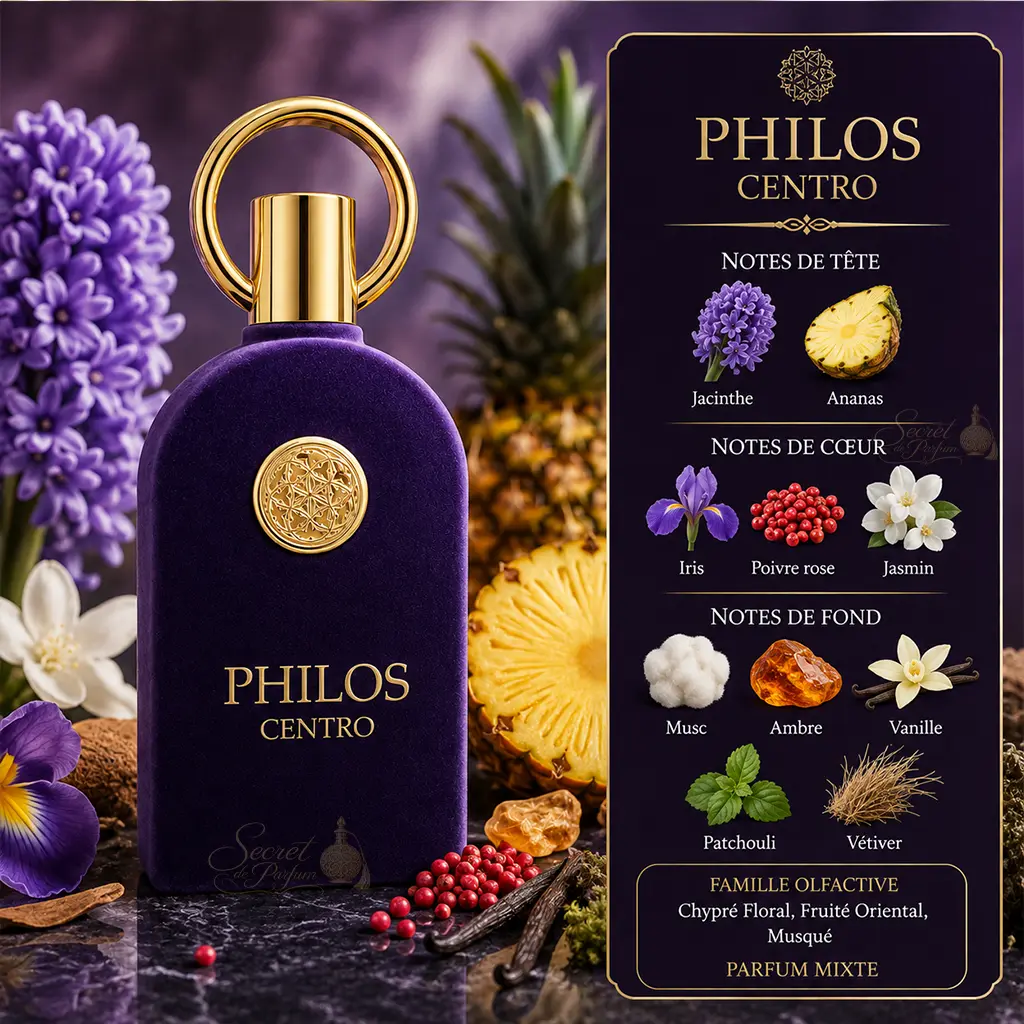 PHILOS CENTRO – Eau de parfum mixte fruitée orientale inspirée des parfums de niche 2 Présentation des notes olfactives du parfum Philos Centro Maison Alhambra avec jacinthe, ananas, iris, poivre rose, jasmin, musc, ambre, vanille, patchouli et vétiver.