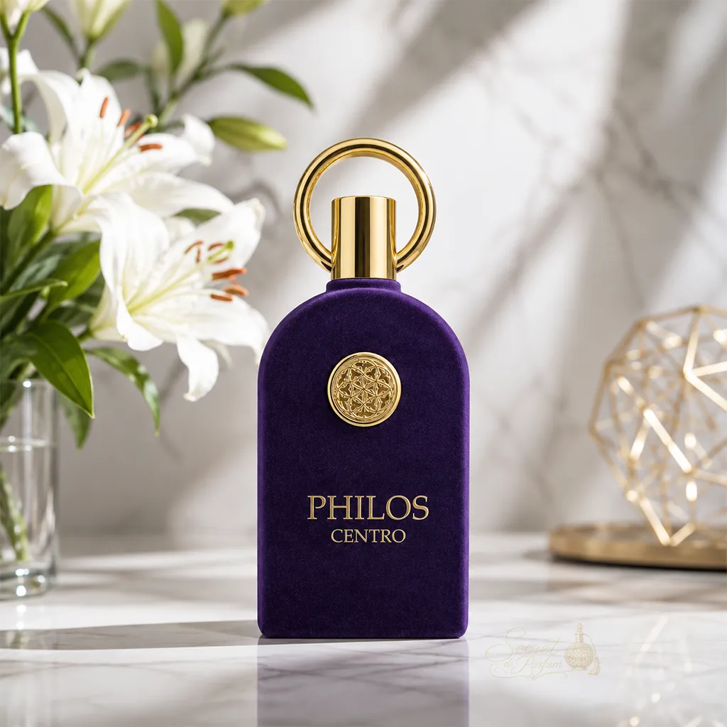 PHILOS CENTRO – Eau de parfum mixte fruitée orientale inspirée des parfums de niche 4 Flacon Philos Centro Maison Alhambra présenté dans un décor lumineux avec fleurs blanches et marbre, mettant en valeur un parfum chypré floral aux accents fruités et musqués.