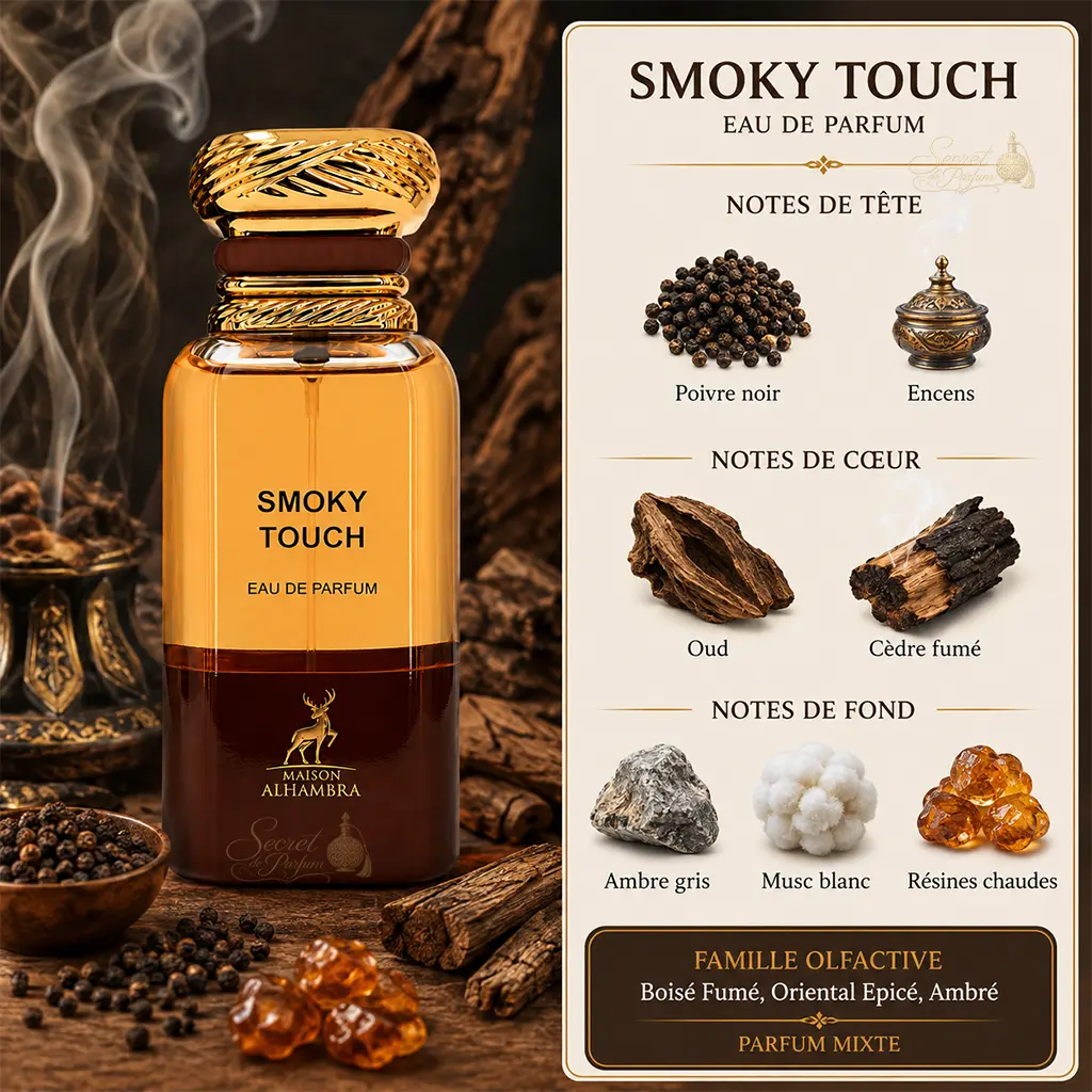 Smoky Touch Maison Alhambra – Eau de Parfum Mixte 2 Pyramide olfactive Smoky Touch avec poivre noir, encens, oud, cèdre fumé, ambre gris et musc blanc