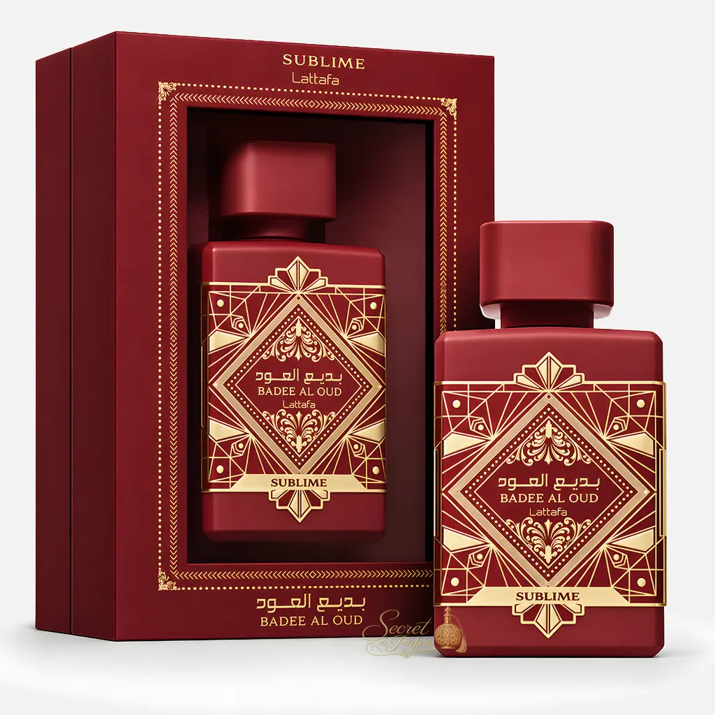 Badee Al Oud Rouge Sublime – Parfum Dubaï Intense & Élégant | Lattafa 4 Badee Al Oud Sublime Lattafa flacon rouge avec boîte