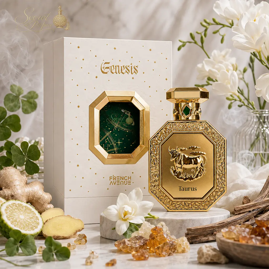 Taurus Genesis French Avenue – Eau de Parfum oriental boisé mixte 100 ml 3 Parfum Taurus French Avenue Genesis flacon doré avec coffret