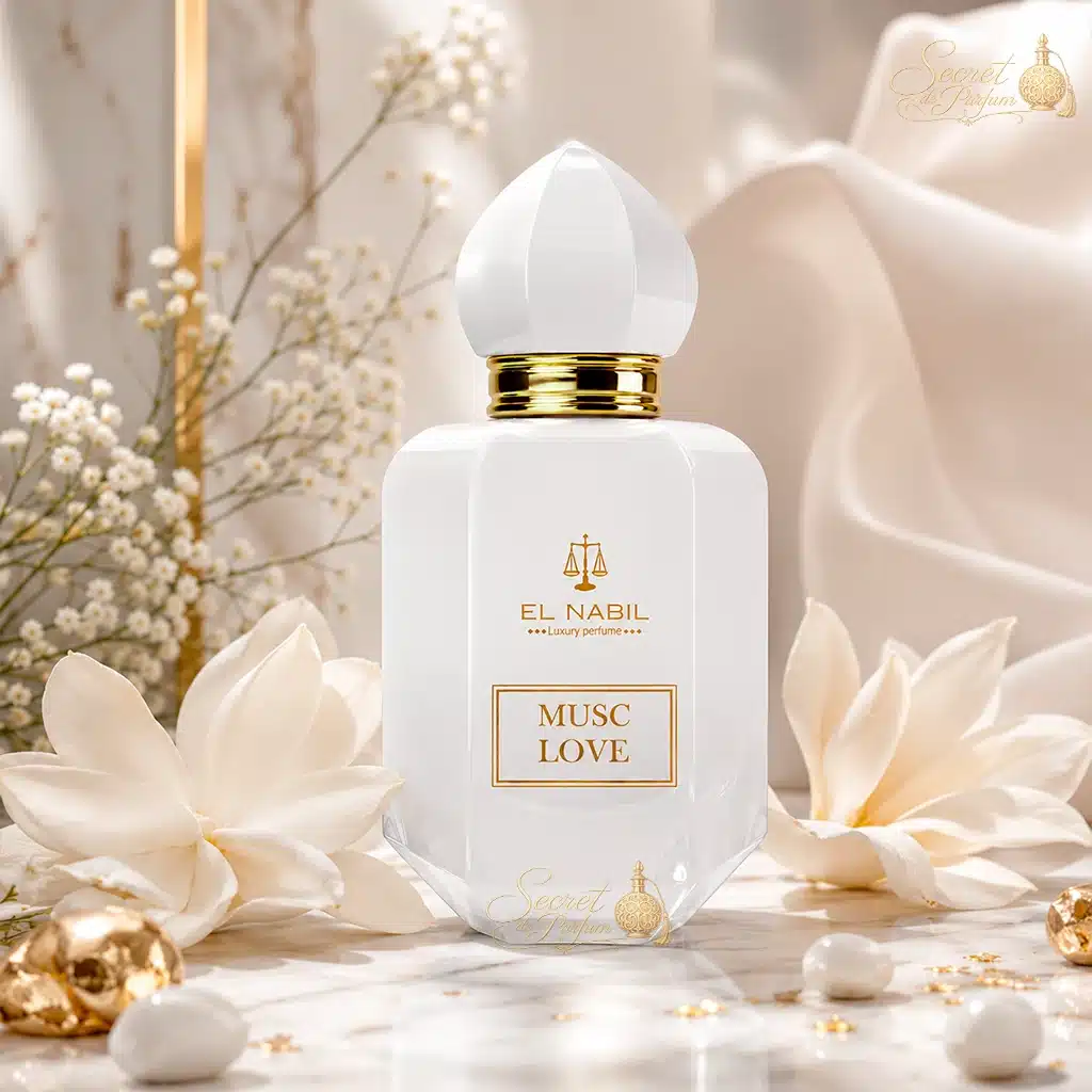 Musc Love – Eau de Parfum Mixte 65 ml | El Nabil 4 Parfum Musc Love El Nabil dans une ambiance élégante aux fleurs blanches.