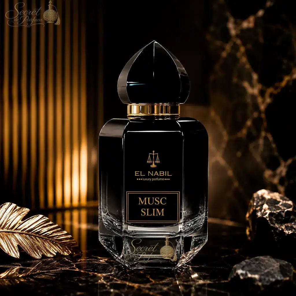 Musc Slim – Eau de Parfum Mixte 65 ml | El Nabil 4 Parfum Musc Slim El Nabil dans une ambiance élégante aux tons noirs et dorés.