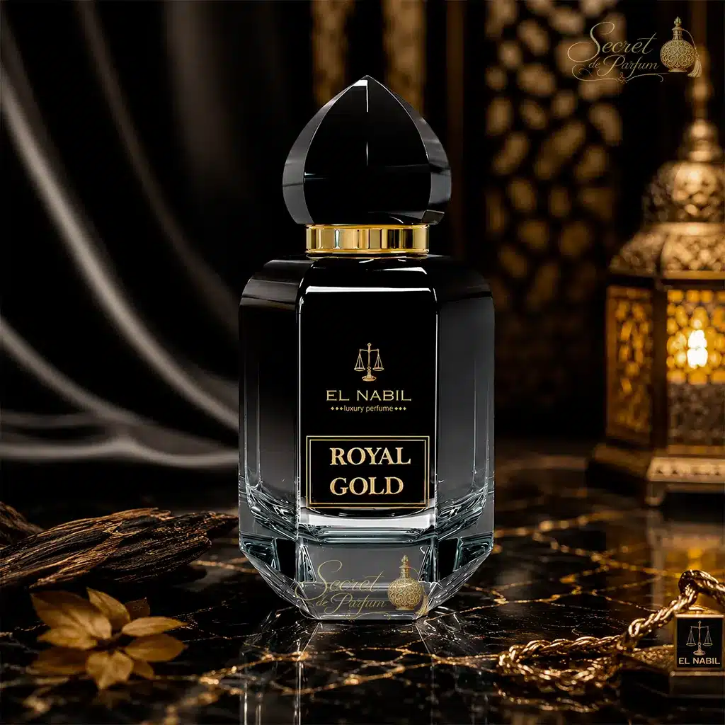 Musc Royal Gold – Eau de Parfum Mixte 65 ml | El Nabil 4 Parfum Royal Gold El Nabil dans une ambiance luxueuse aux tons noirs et dorés.