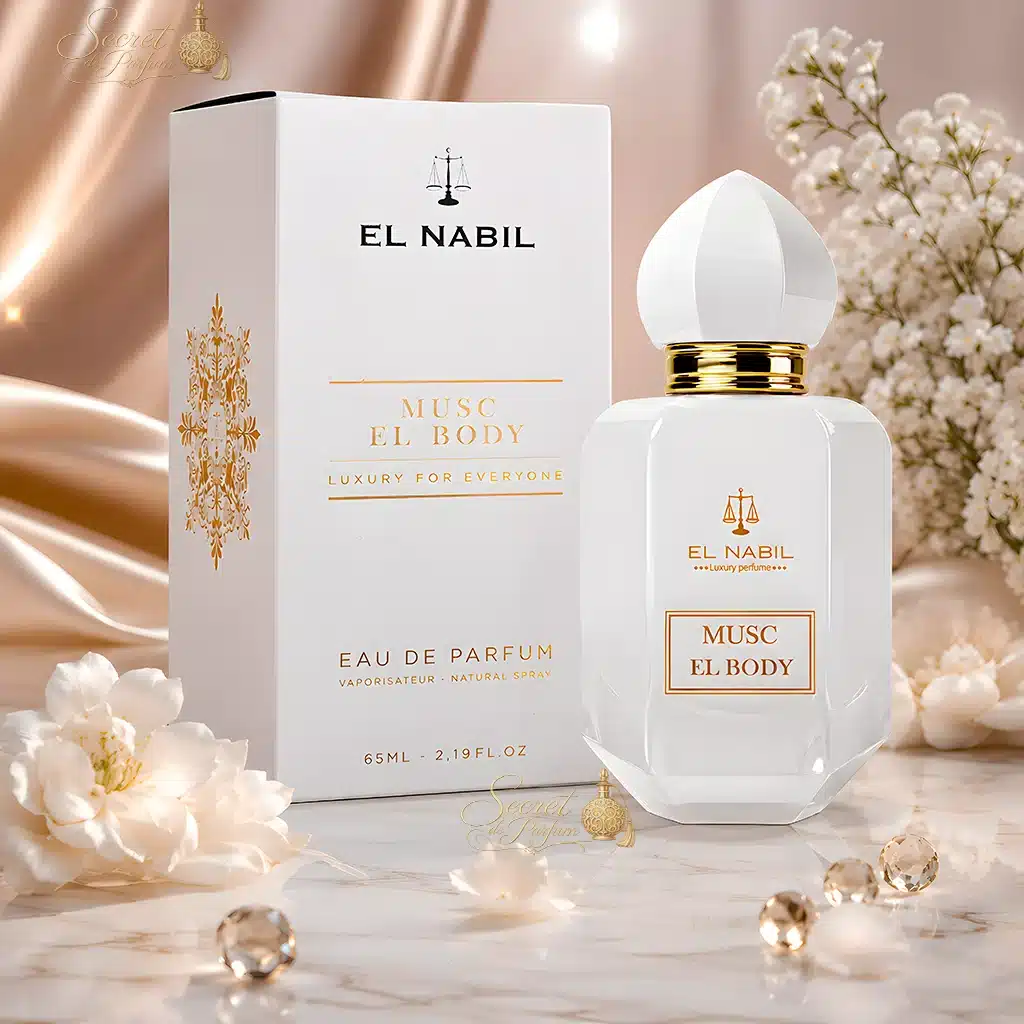 Musc El Body – Eau de Parfum Mixte 65 ml | El Nabil 3 Flacon et coffret du parfum Musc El Body d'El Nabil dans une mise en scène élégante.