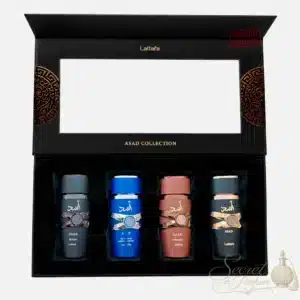 Coffret ouvert Asad Collection de Lattafa avec les quatre flacons de parfum de 25 ml.