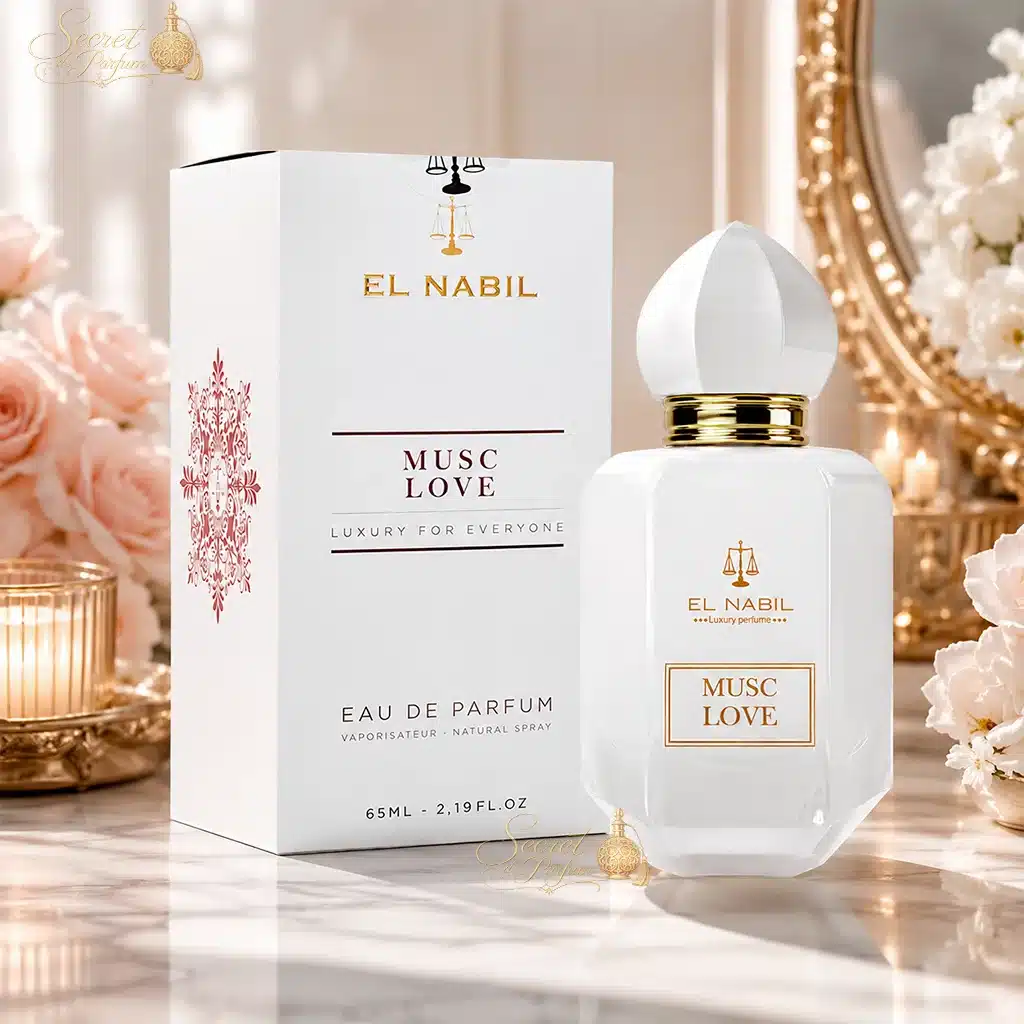 Musc Love – Eau de Parfum Mixte 65 ml | El Nabil 3 Coffret et flacon du parfum Musc Love El Nabil dans une ambiance élégante.