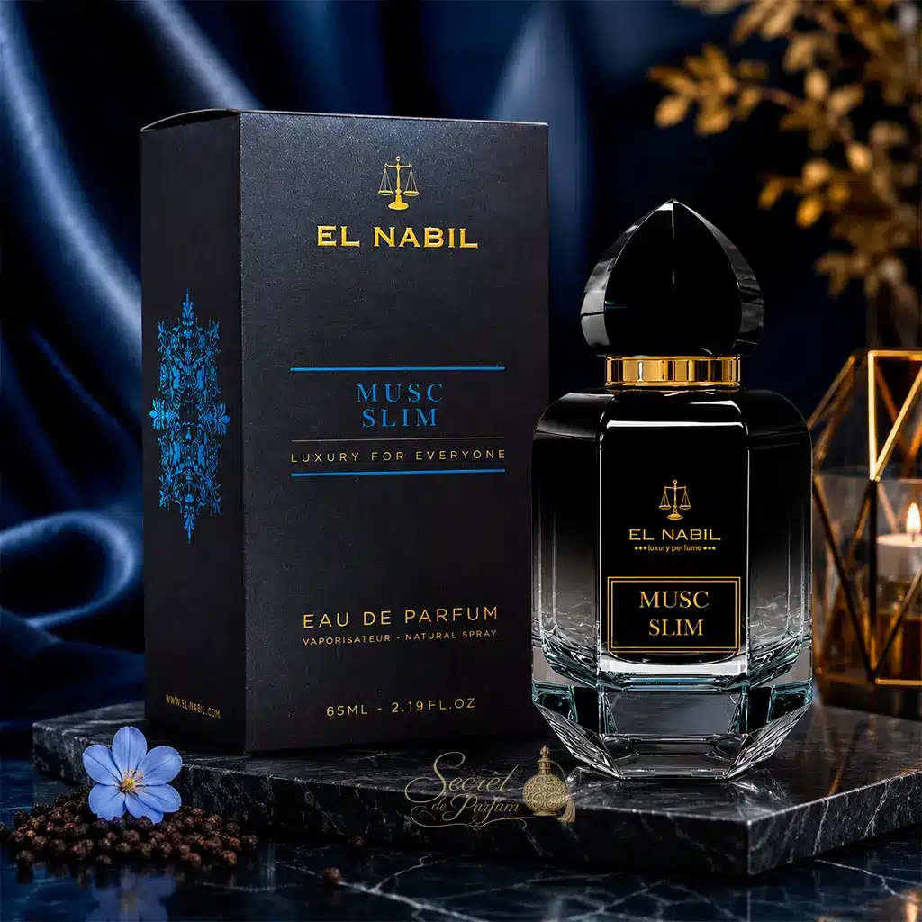 Musc Slim – Eau de Parfum Mixte 65 ml | El Nabil 3 Coffret et flacon du parfum Musc Slim El Nabil dans une ambiance luxueuse.