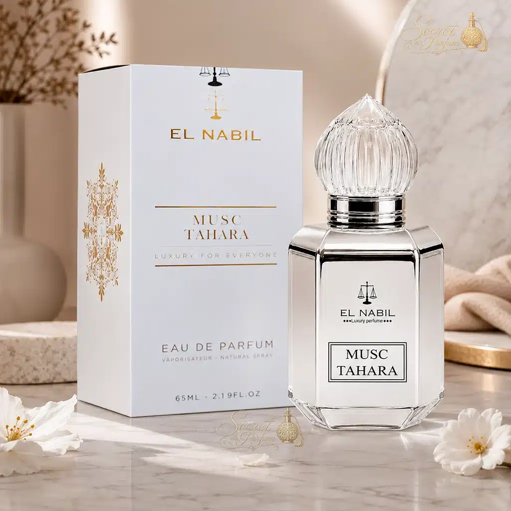 Musc Tahara – Eau de Parfum Mixte 65 ml | El Nabil 3 Coffret et flacon du parfum Musc Tahara El Nabil dans une ambiance luxueuse.