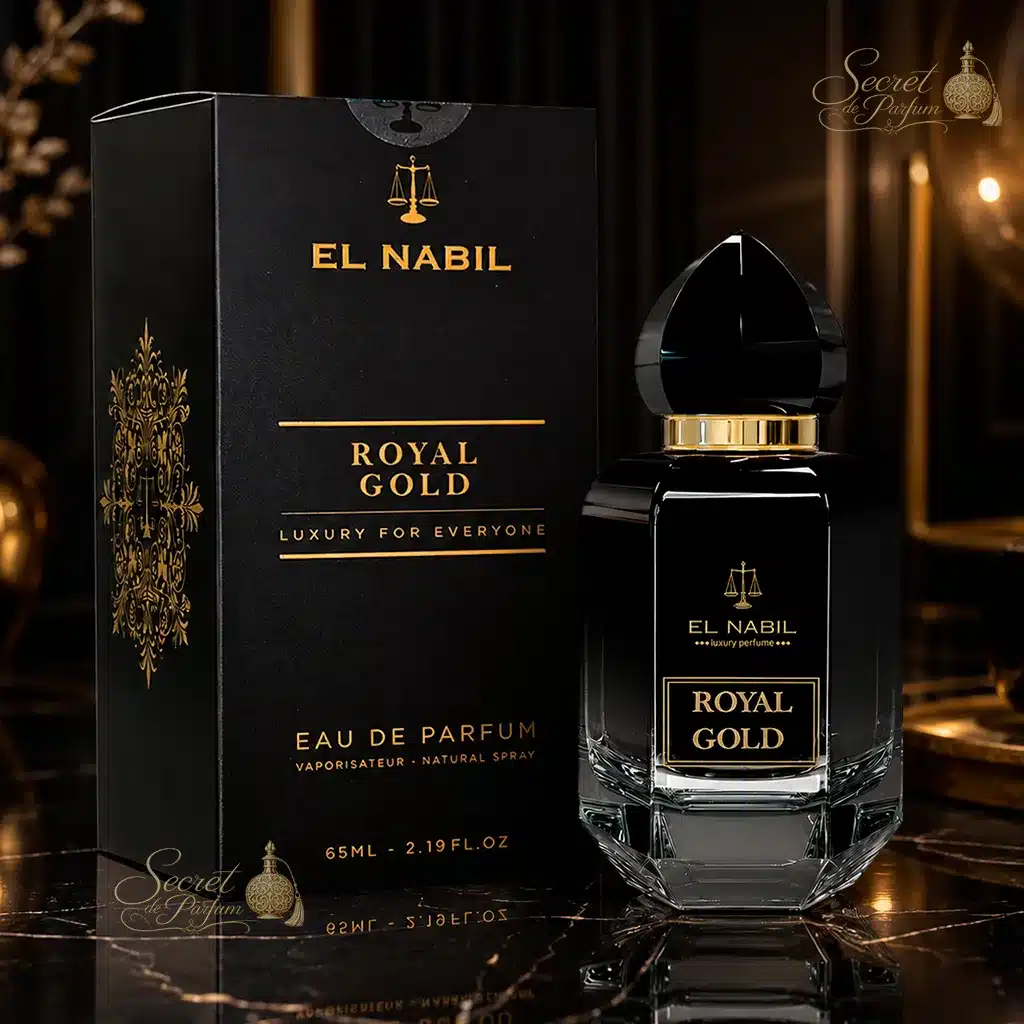Musc Royal Gold – Eau de Parfum Mixte 65 ml | El Nabil 3 Coffret et flacon du parfum Royal Gold El Nabil dans une ambiance élégante.