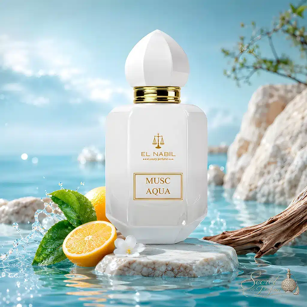 Musc Aqua – Eau de Parfum Mixte 65 ml | El Nabil 4 Parfum Musc Aqua d'El Nabil dans une ambiance estivale avec citron et bord de mer.