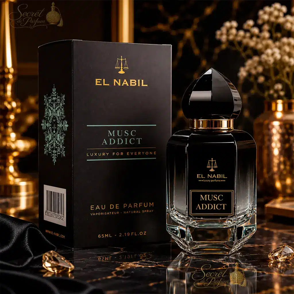 Musc Addict – Eau de Parfum Mixte 65 ml | El Nabil 3 Parfum Musc Addict d'El Nabil avec son coffret dans une mise en scène élégante.