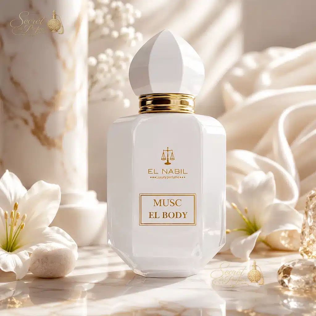 Musc El Body – Eau de Parfum Mixte 65 ml | El Nabil 4 Parfum Musc El Body d'El Nabil dans une ambiance élégante aux fleurs blanches.
