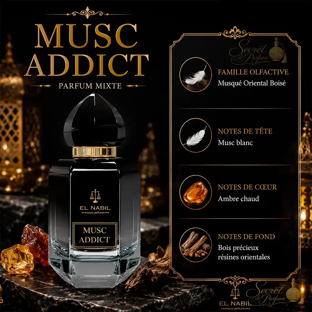 Musc Addict – Eau de Parfum Mixte 65 ml | El Nabil 2 Présentation des notes olfactives du parfum Musc Addict d'El Nabil.