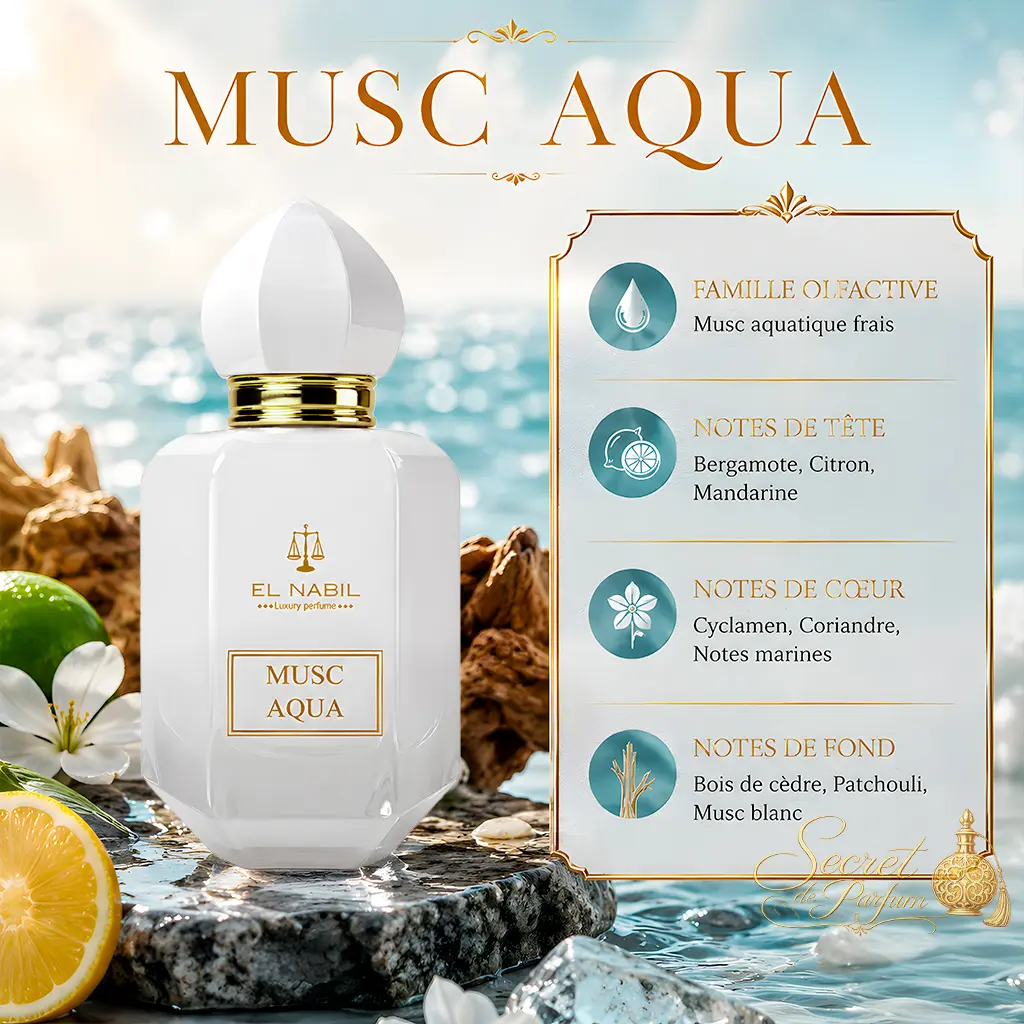 Musc Aqua – Eau de Parfum Mixte 65 ml | El Nabil 2 Présentation des notes olfactives du parfum Musc Aqua d'El Nabil.