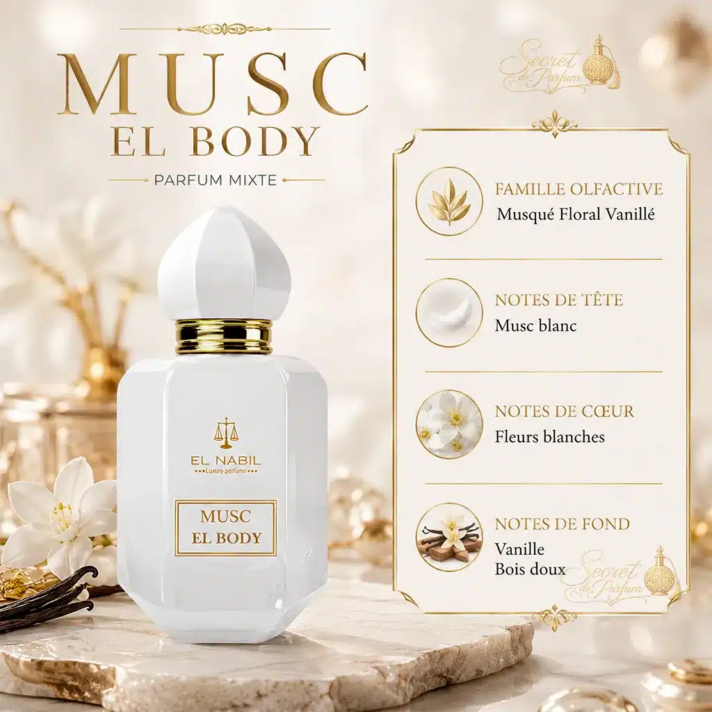 Musc El Body – Eau de Parfum Mixte 65 ml | El Nabil 2 Présentation des notes olfactives du parfum Musc El Body d'El Nabil.