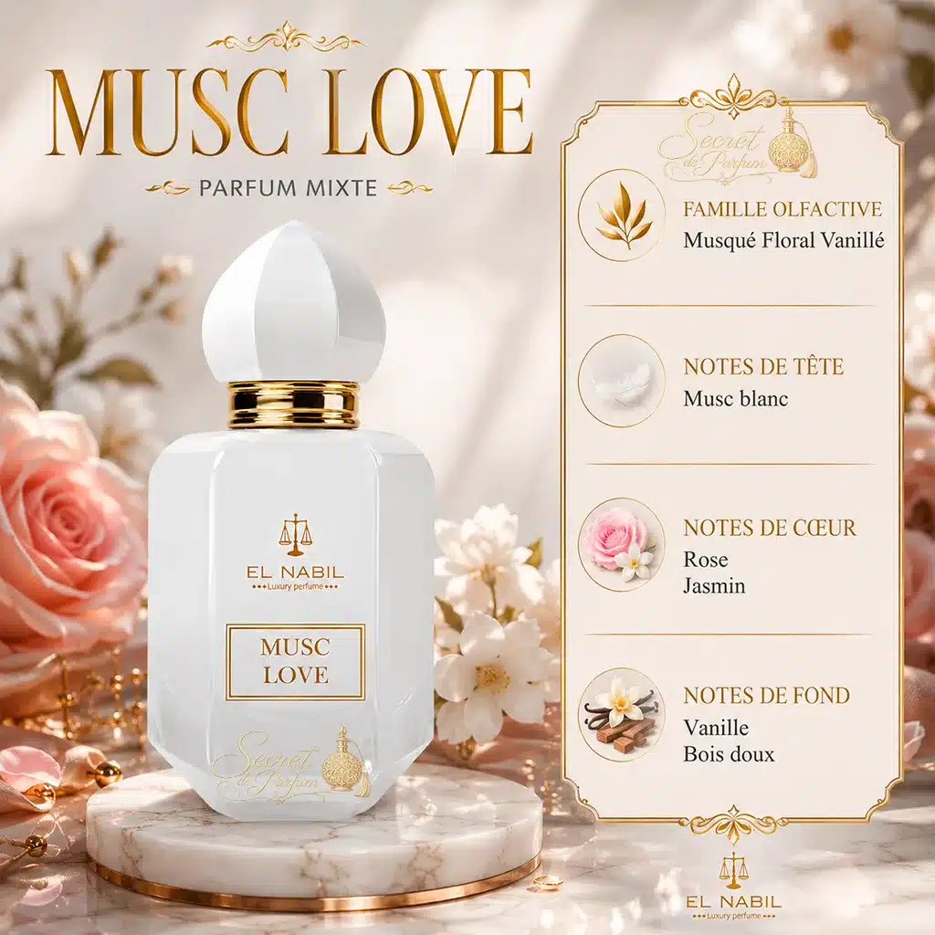 Musc Love – Eau de Parfum Mixte 65 ml | El Nabil 2 Famille olfactive et notes du parfum Musc Love El Nabil.