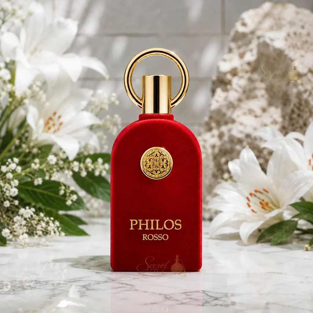 PHILOS ROSSO – Eau de Parfum Oriental Ambré Gourmand Mixte | Parfum Dubai Luxe & Longue Tenue 4 Flacon Philos Rosso entouré de fleurs blanches dans un décor lumineux mettant en valeur son univers oriental floral et fruité.