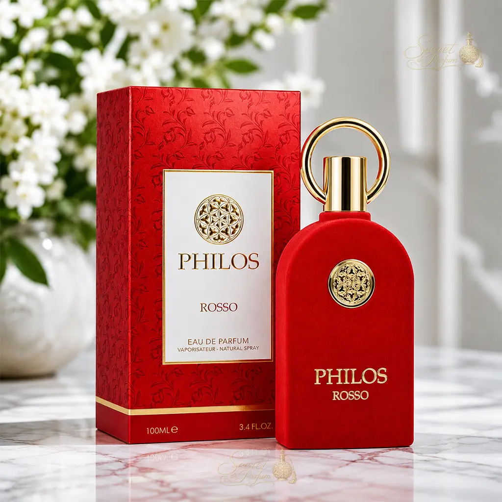 PHILOS ROSSO – Eau de Parfum Oriental Ambré Gourmand Mixte | Parfum Dubai Luxe & Longue Tenue 3 Boîte et flacon du parfum Philos Rosso dans un décor floral raffiné, parfum oriental floral aux notes de framboise, rose, vanille et musc.