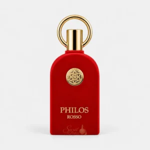 Flacon rouge Philos Rosso Eau de Parfum photographié sur fond blanc, parfum Dubaï mixte aux accords floraux, fruités et vanillés.
