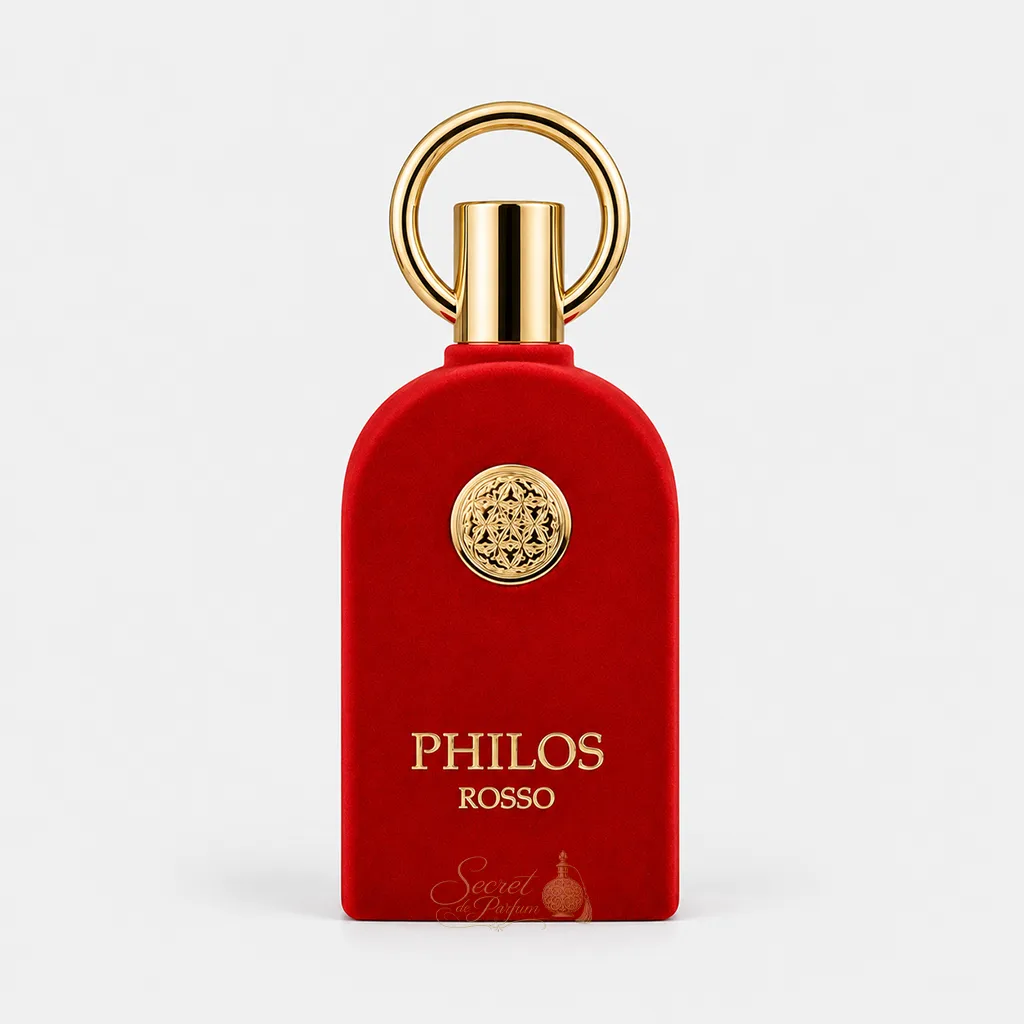PHILOS ROSSO – Eau de Parfum Oriental Ambré Gourmand Mixte | Parfum Dubai Luxe & Longue Tenue 1 Flacon rouge Philos Rosso Eau de Parfum photographié sur fond blanc, parfum Dubaï mixte aux accords floraux, fruités et vanillés.
