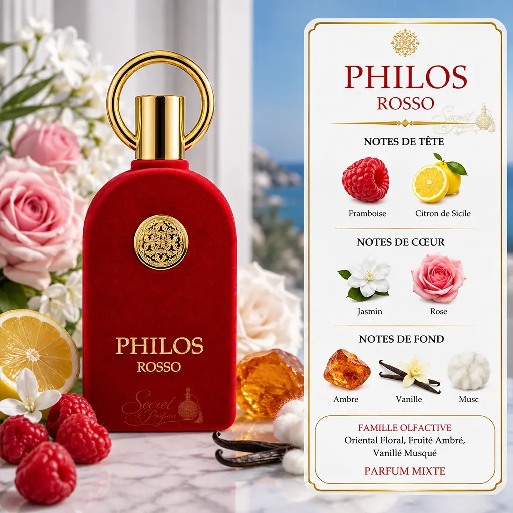 PHILOS ROSSO – Eau de Parfum Oriental Ambré Gourmand Mixte | Parfum Dubai Luxe & Longue Tenue 2 Philos Rosso Volaré, parfum Dubaï mixte avec présentation des notes olfactives : framboise, citron de Sicile, jasmin, rose, ambre, vanille et musc.
