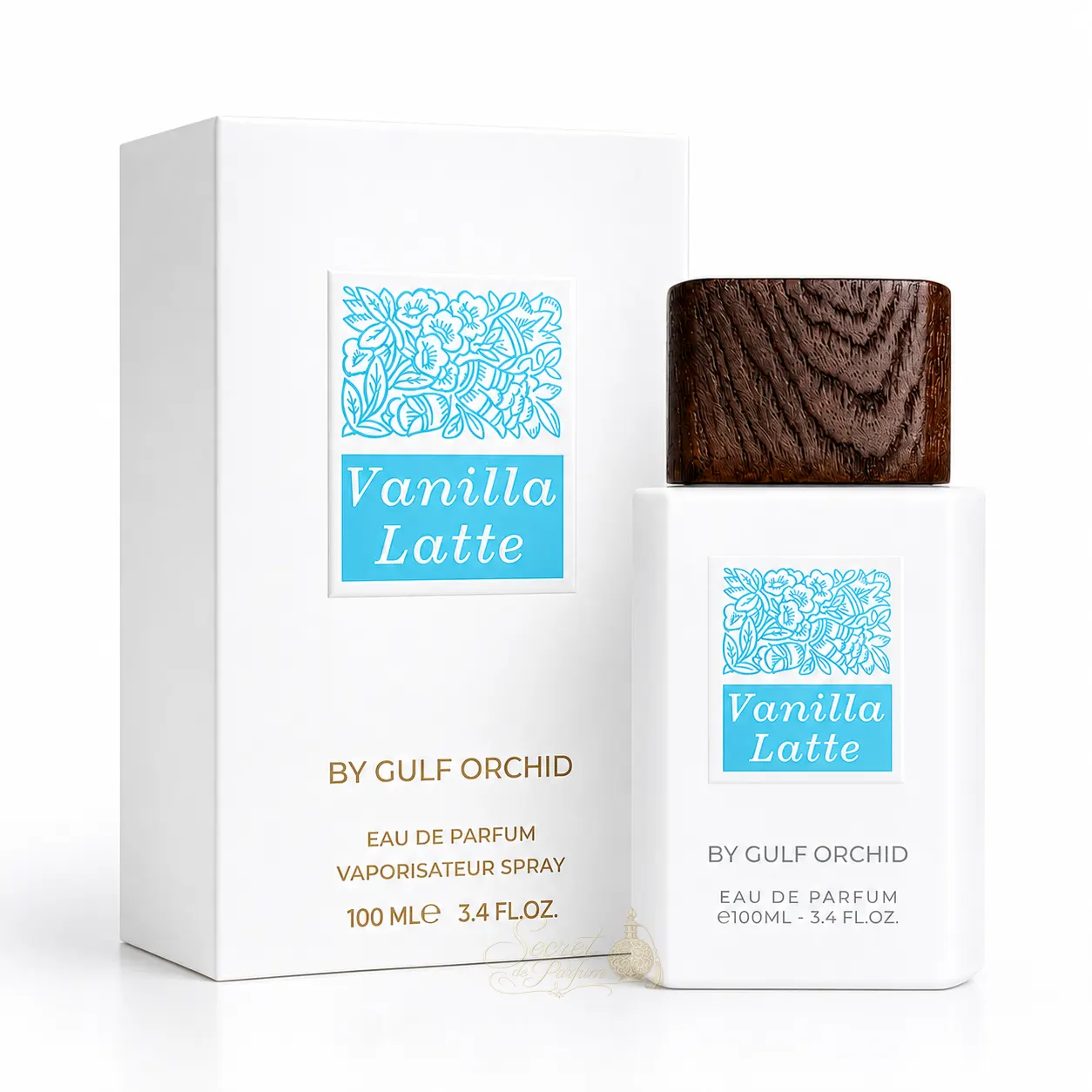Vanilla Latte – Gulf Orchid | Parfum gourmand vanille latte 100 ml 5 Coffret et flacon Vanilla Latte de Gulf Orchid sur fond blanc, parfum gourmand aux accords de caramel, beurre, vanille, miel et fève tonka.