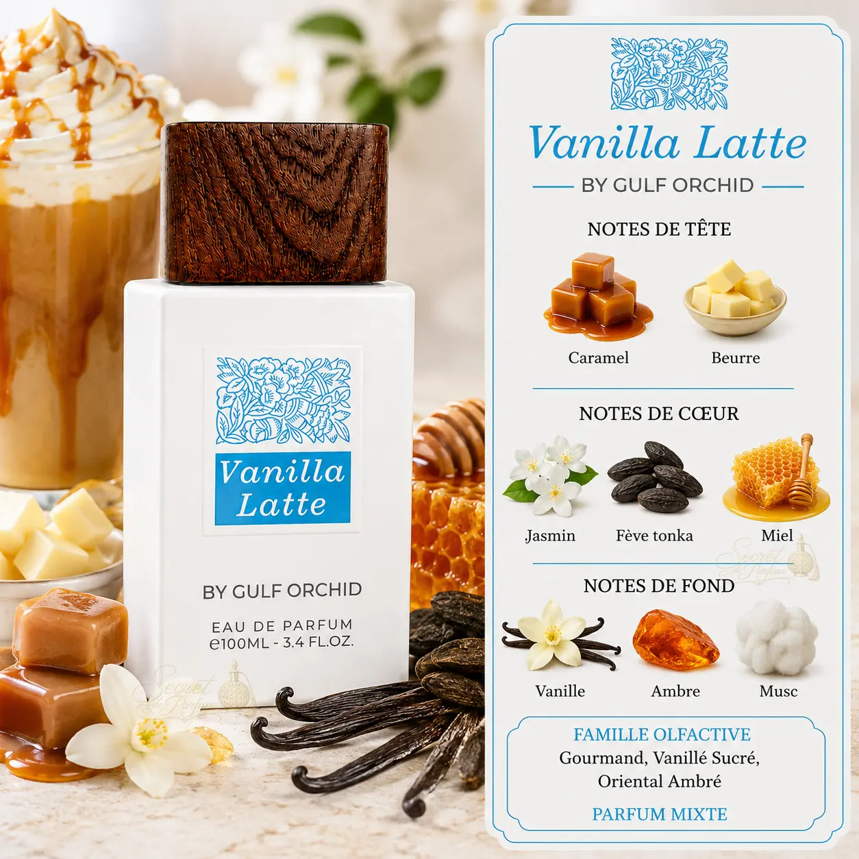Vanilla Latte – Gulf Orchid | Parfum gourmand vanille latte 100 ml 2 Vanilla Latte de Gulf Orchid avec présentation des notes olfactives : caramel, beurre, jasmin, fève tonka, miel, vanille, ambre et musc.