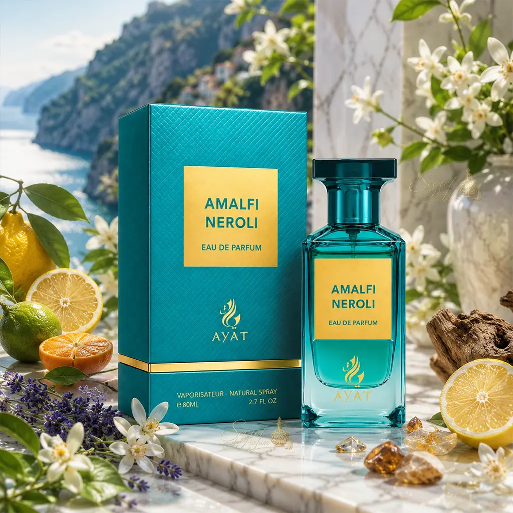 Amalfi Neroli Ayat 80 ml – Eau de Parfum Mixte Hespéridée 3 Amalfi Neroli Ayat Eau de Parfum 80 ml avec coffret bleu turquoise