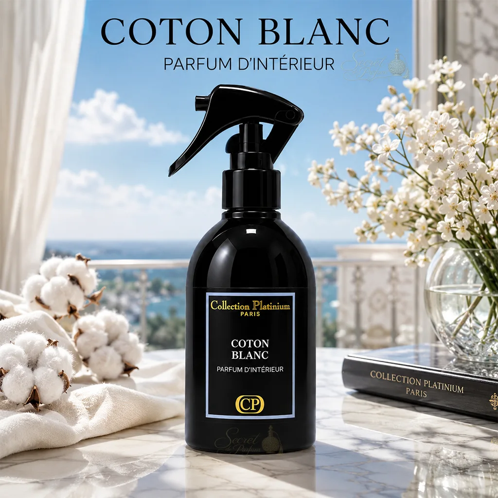 Coton Blanc Collection Platinium – Parfum d’Intérieur 250 ml 2 Spray parfum d’intérieur Coton Blanc Collection Platinium Paris en flacon noir