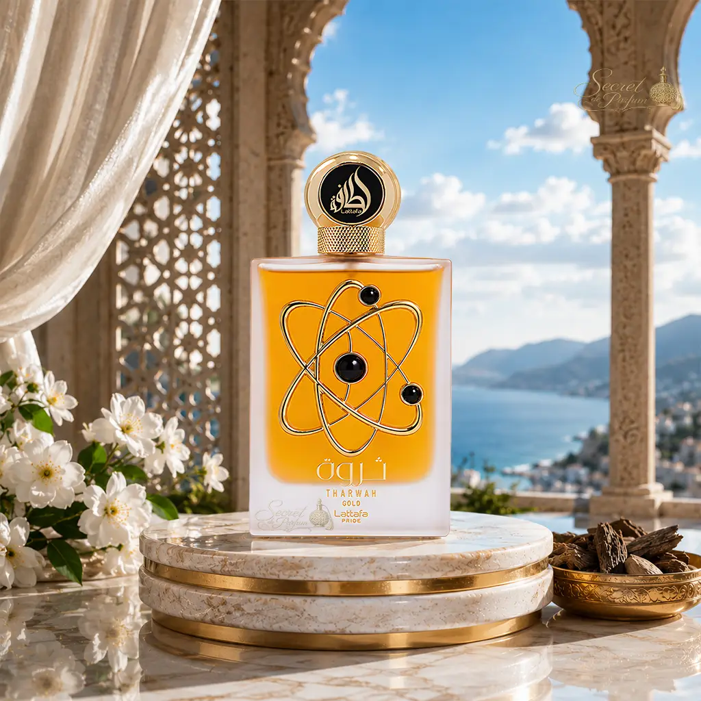 Tharwah Gold Lattafa Pride Eau de Parfum 100 ml – Parfum Femme Floral Ambré Vanillé 5 Tharwah Gold Lattafa Pride Eau de Parfum femme 100 ml aux notes de lavande, bergamote, fleur d'oranger, jasmin, vanille et ambre disponible chez Secret de Parfum