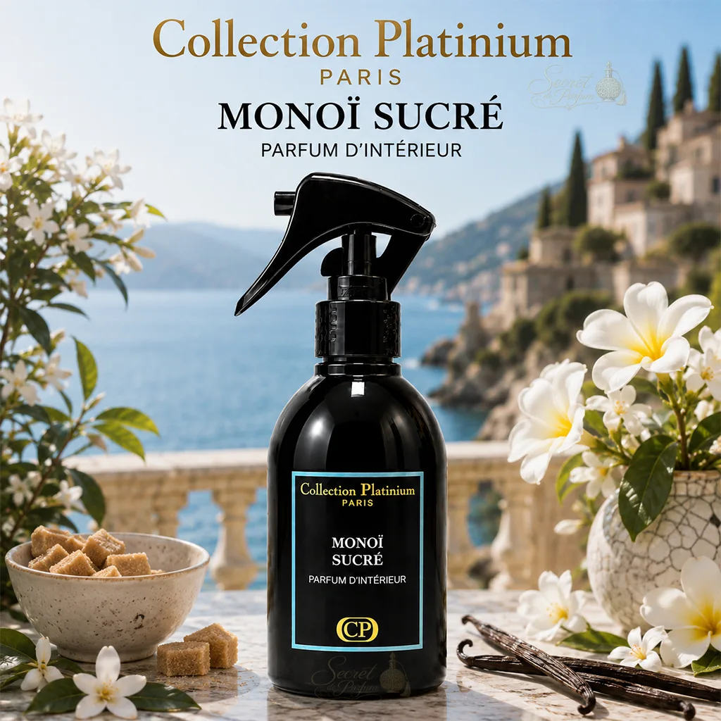 Monoï Sucré Collection Platinium – Parfum d’Intérieur 250 ml 2 Spray parfum d’intérieur Monoï Sucré Collection Platinium Paris à la senteur florale, vanillée et sucrée