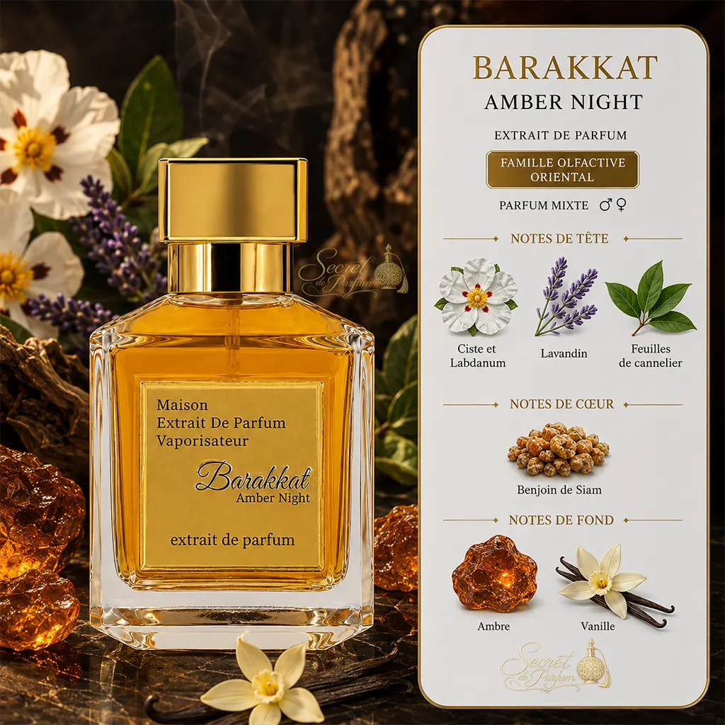 Barakkat Amber Night – Extrait de Parfum Mixte 100 ml 2 Notes Barakkat Amber Night labdanum lavandin benjoin ambre vanille