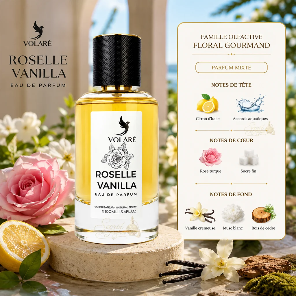 Roselle Vanilla Volaré – Eau de Parfum Mixte Floral Gourmand 100 ml 2 Notes Roselle Vanilla Volaré citron, rose turque, vanille, musc blanc et cèdre