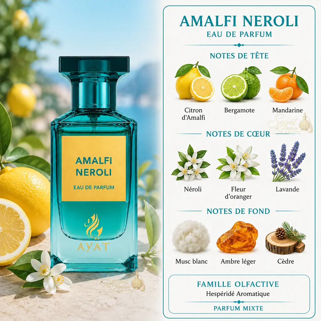 Amalfi Neroli Ayat 80 ml – Eau de Parfum Mixte Hespéridée 2 Notes olfactives Amalfi Neroli Ayat : citron, bergamote, mandarine, néroli, musc et cèdre
