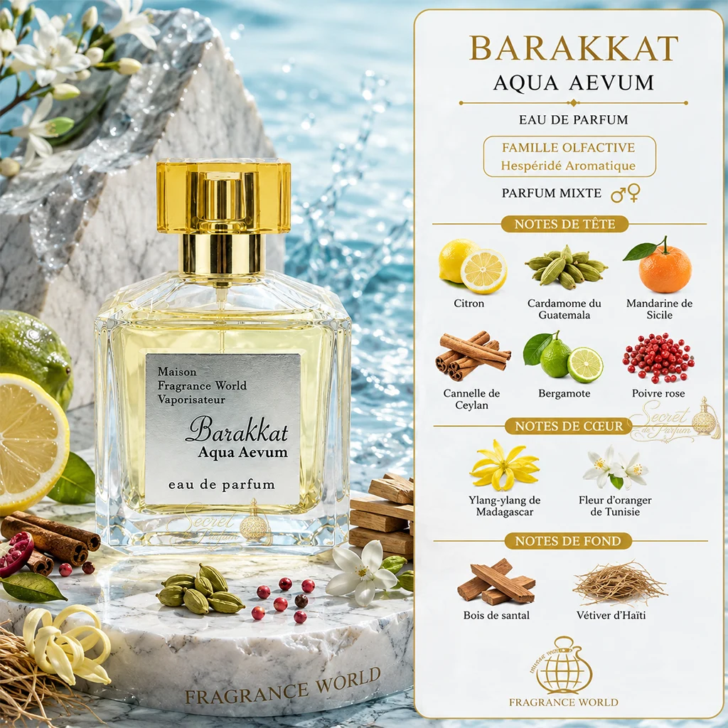 Barakkat Aqua Aevum – Eau de Parfum Mixte 100 ml 2 Notes Barakkat Aqua Aevum citron cardamome fleur d’oranger santal vétiver