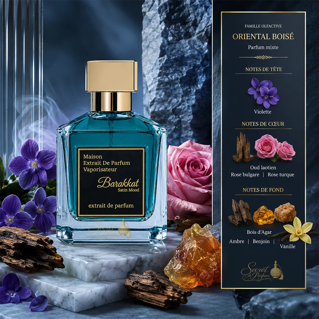Barakkat Satin Mood – Extrait de Parfum Mixte 100 ml 2 Notes Barakkat Satin Mood violette rose oud ambre benjoin vanille