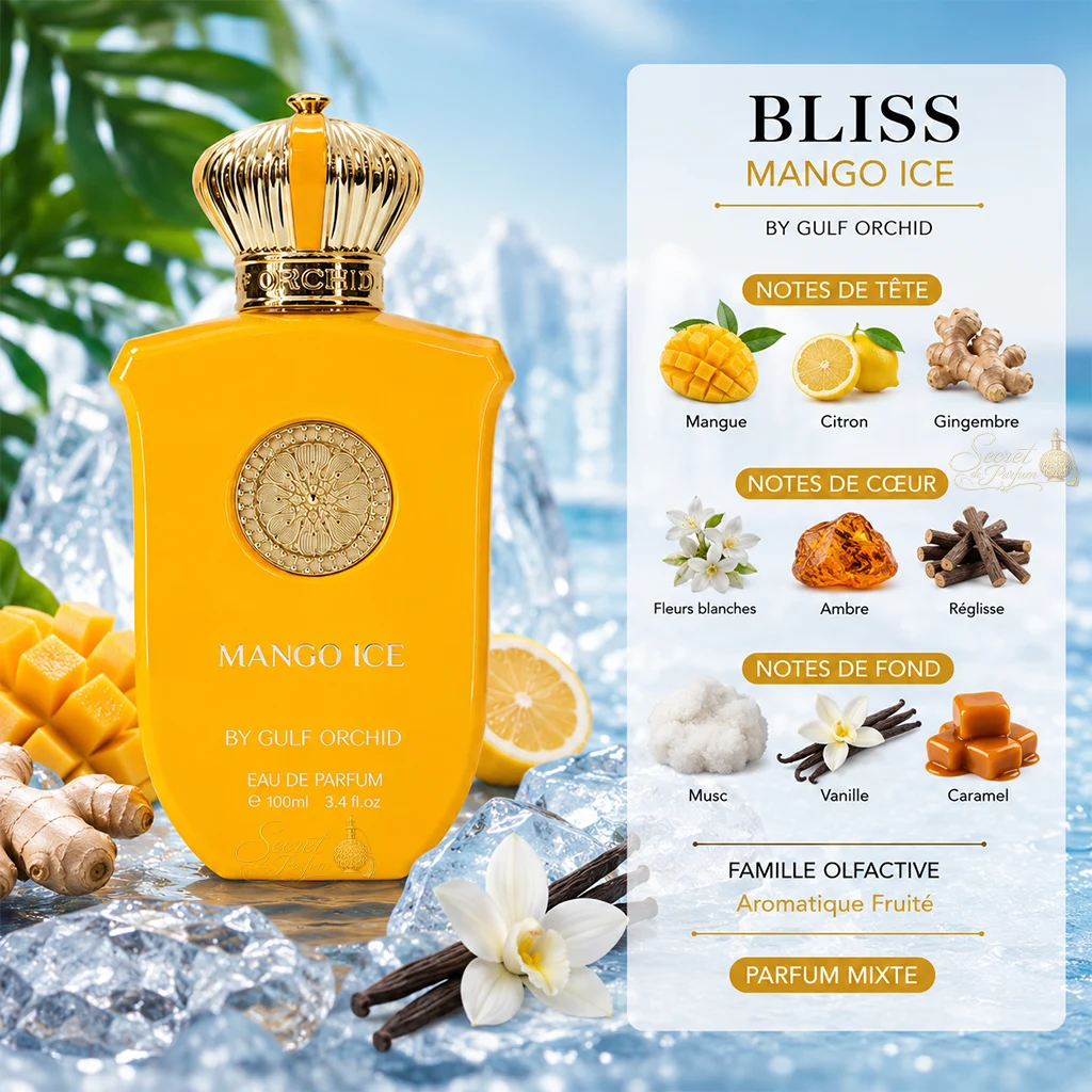 Mango Ice Gulf Orchid – Eau de Parfum Mixte Fruité Gourmand 100 ml 2 Notes Mango Ice Gulf Orchid : mangue, citron, gingembre, fleurs blanches, vanille, caramel et musc